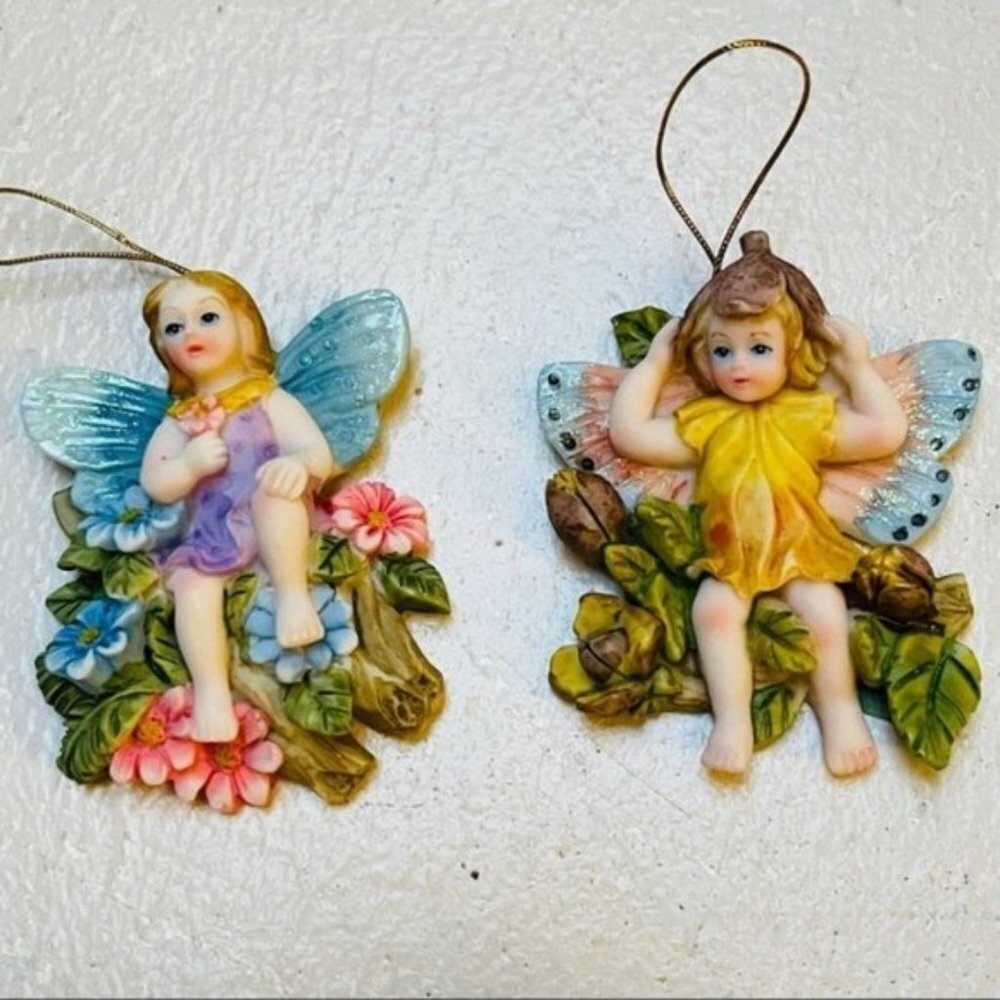 Angel Ceramic Figurine Hanging Ornament Decor Angel Sitting on a branch Floral